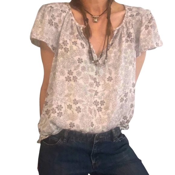 Loft Sz XS Peasant Boho Top Blouse Floral Neutral Keyhole Ruffled Cottagecore - Picture 2 of 9